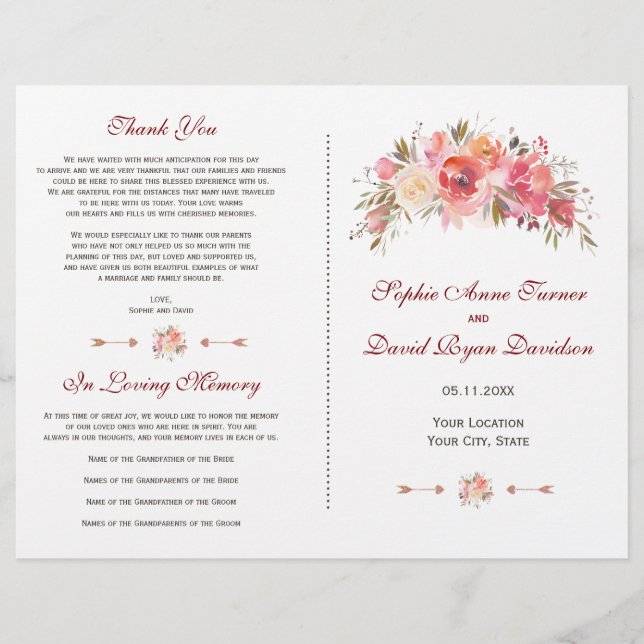 Burgundy Marsala Floral Antlers Wedding Program (Front)