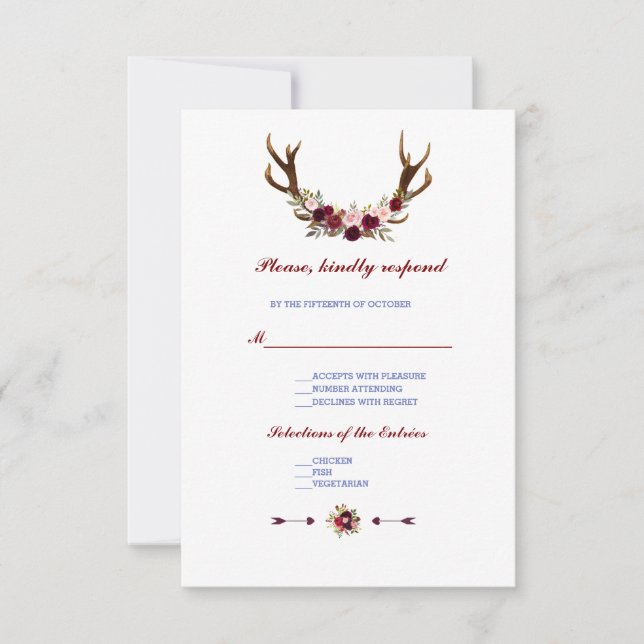 Burgundy Marsala Floral Antlers Wedding RSVP (Front)