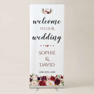 Burgundy Marsala Floral Antlers Welcome Wedding Retractable Banner