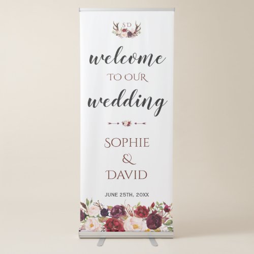 Burgundy Marsala Floral Antlers Welcome Wedding Retractable Banner