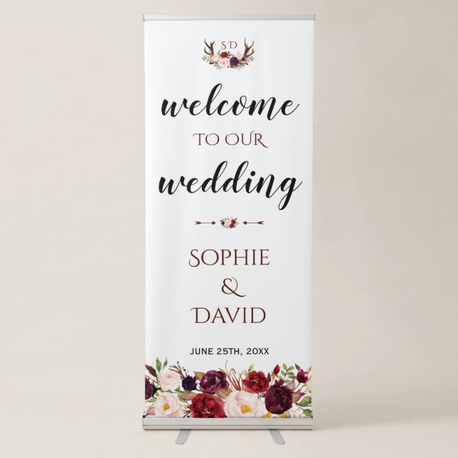 Burgundy Marsala Floral Antlers Welcome Wedding Retractable Banner (Front)