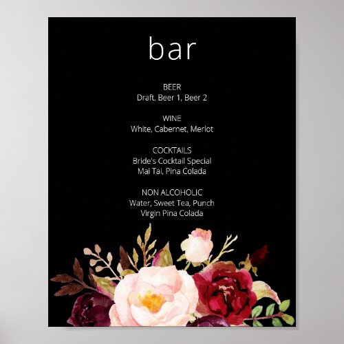 Burgundy Marsala Floral Bar Sign Black