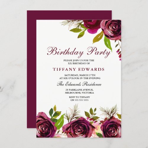 Burgundy Marsala Floral Birthday Party Invitation