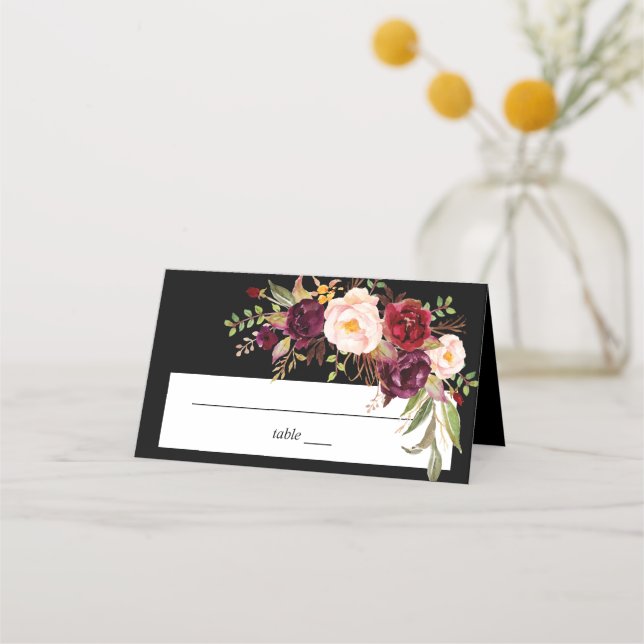 Burgundy Marsala Floral - Black Place Card (Front)