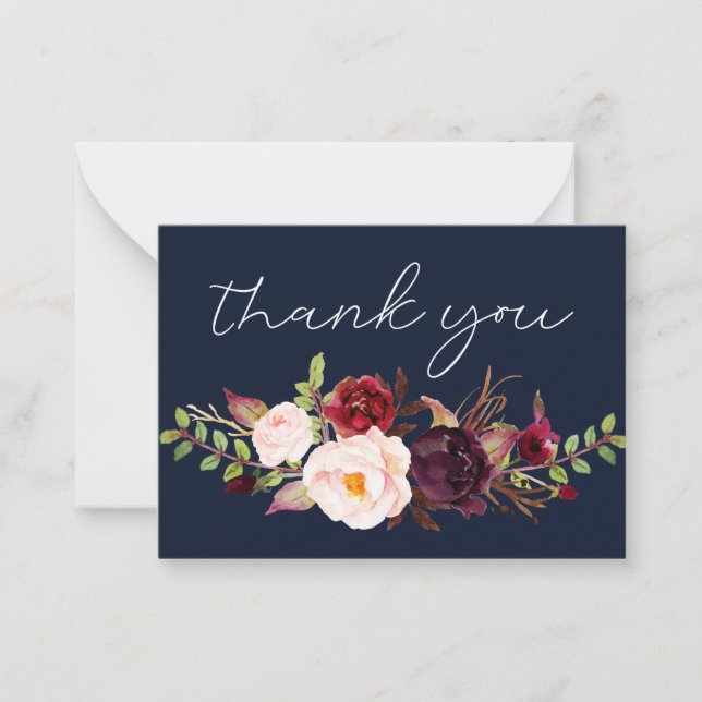 Burgundy Marsala Floral Black Small Navy Thank You Note Card (Front)