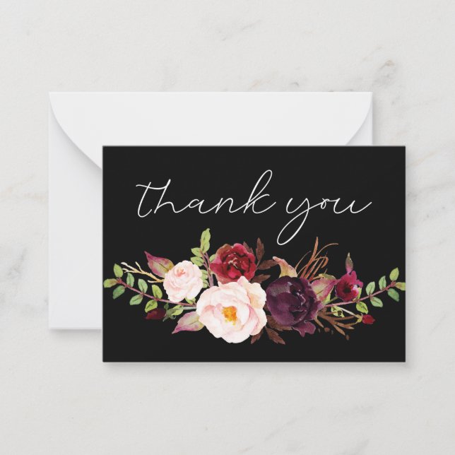 Burgundy Marsala Floral Black Small Thank You Note Card (Front)