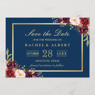 Burgundy Marsala Floral Blue Wedding Save the Date