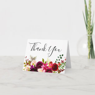Burgundy Marsala Floral Boho Spring Wedding Letterpress Thank You Card