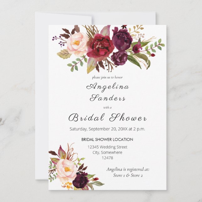 Burgundy Marsala Floral Bridal Shower Invitation (Front)