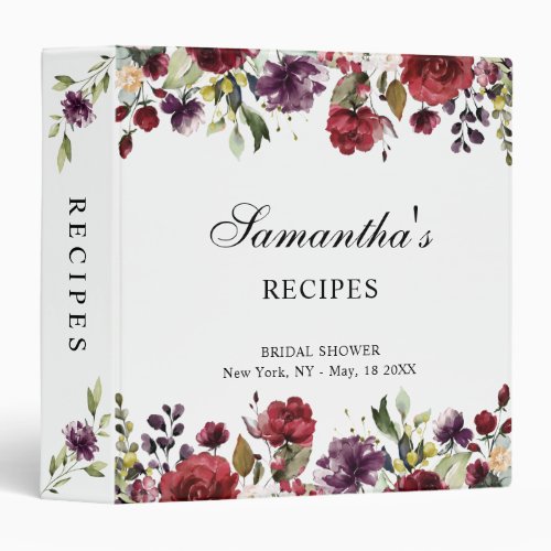 Burgundy Marsala Floral Bridal Shower Recipe Card 3 Ring Binder