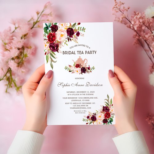 Burgundy Marsala Floral Bridal Shower Tea Party Invitation