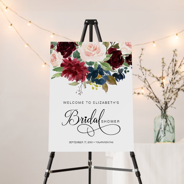 Burgundy Marsala Floral Bridal Shower Welcome Foam Board (In Situ (Stand))