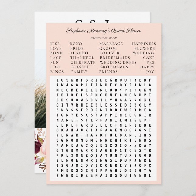 Burgundy Marsala Floral Bridal Shower Word Search Invitation (Front/Back)