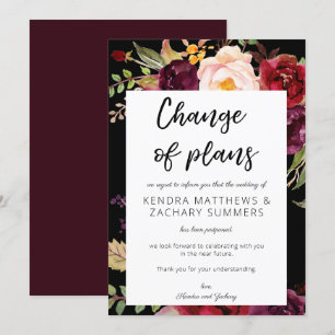 Burgundy Marsala Floral Change of Plans - Black Invitation