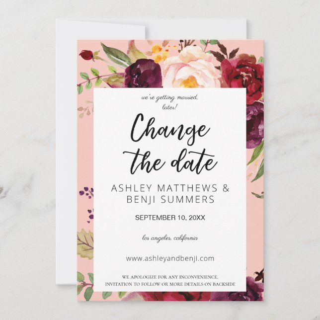 Burgundy Marsala Floral Change the Date Pink 2 V3 Invitation (Front)