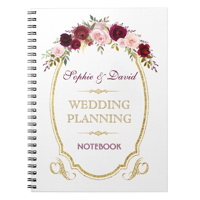 Burgundy Marsala Floral Fall Wedding Planner Notebook (Front)