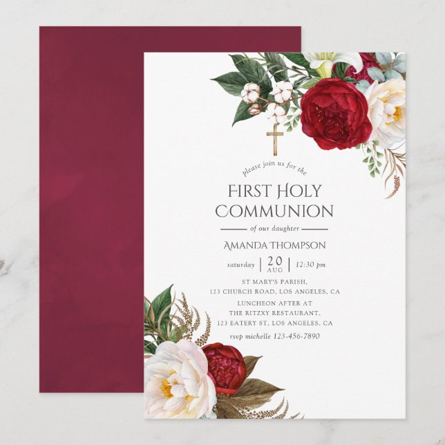 Burgundy - Marsala Floral First Holy Communion Invitation (Front/Back)