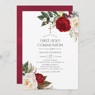 Burgundy - Marsala Floral First Holy Communion Invitation