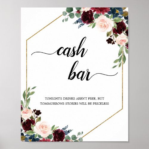 Burgundy Marsala Floral Geometric Cash Bar Sign