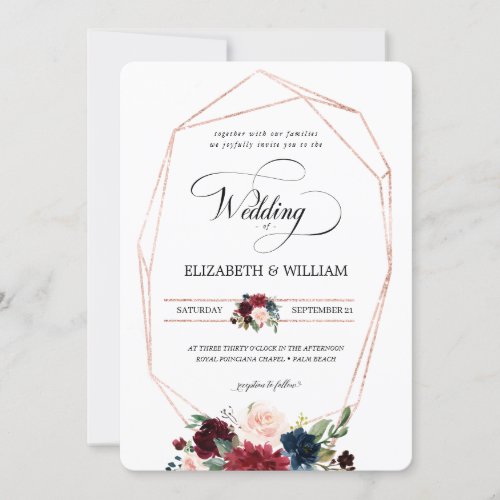 Burgundy Marsala Floral Geometric Frame Wedding Invitation