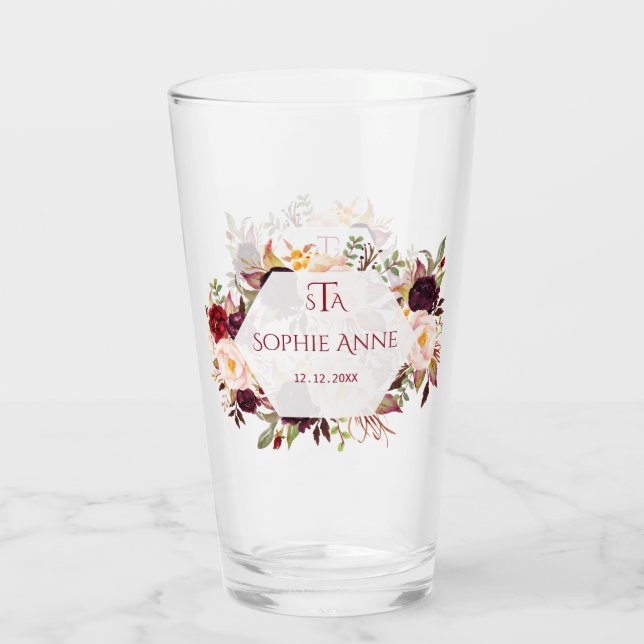 Burgundy Marsala Floral Geometric  Monogram Glass (Back)