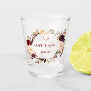 Burgundy Marsala Floral Geometric Monogram Shot Glass