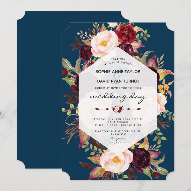 Burgundy Marsala Floral Geometric Navy Wedding Invitation (Front/Back)