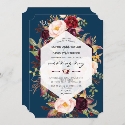 Burgundy Marsala Floral Geometric Navy Wedding Invitation