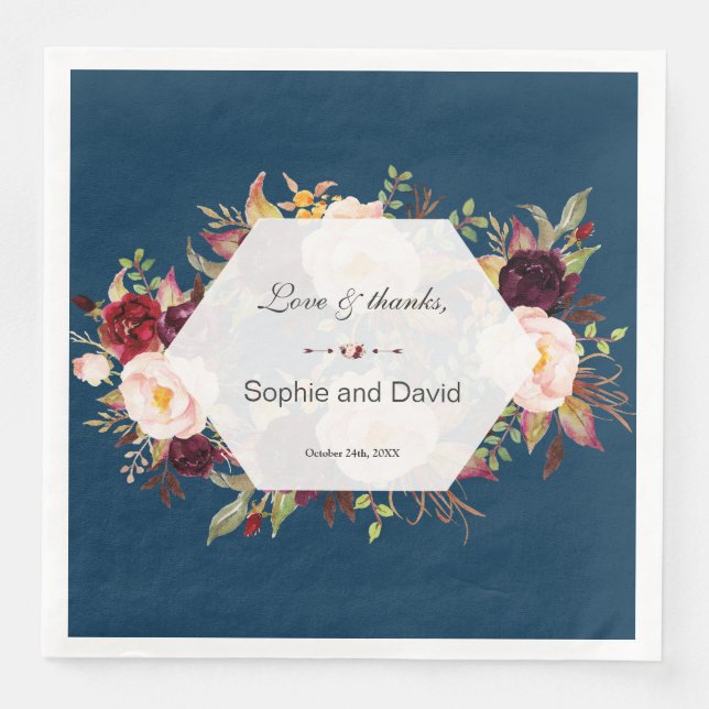 Burgundy Marsala Floral Geometric Navy Wedding Paper Dinner Napkins (Front)