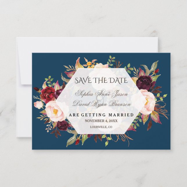 Burgundy Marsala Floral Geometric Save The Date (Front)