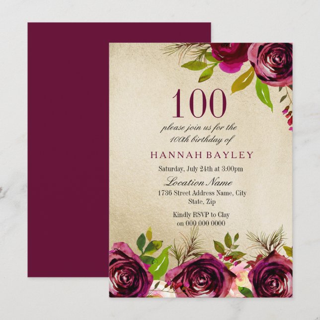 Burgundy Marsala Floral Gold 100th Birthday Invite (Front/Back)