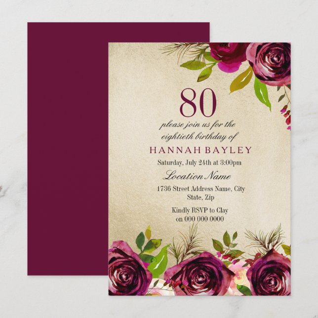 Burgundy Marsala Floral Gold 80th Birthday Invite (Front/Back)