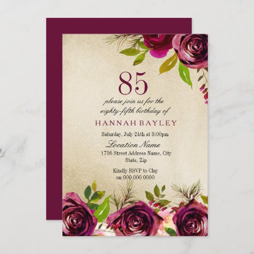 Burgundy Marsala Floral Gold 85th Birthday Invite