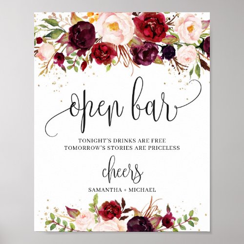 Burgundy marsala floral gold boho open bar sign