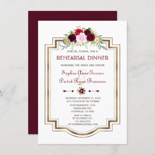 Burgundy Marsala Floral Gold Fall Rehearsal Dinner Invitation