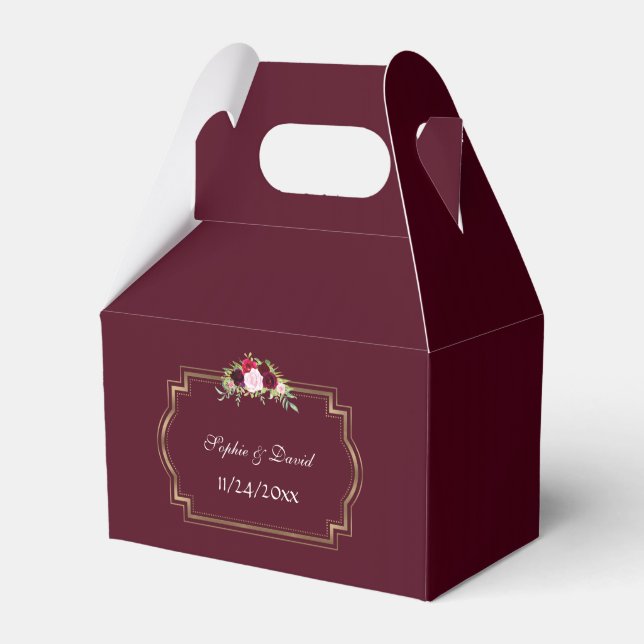 Burgundy Marsala Floral Gold Fall Wedding Favor Boxes (Front Side)
