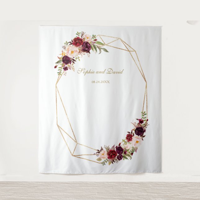 Burgundy Marsala Floral Gold Wedding Photo Booth Tapestry (Front)