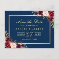 Burgundy Marsala Floral Gold Wedding Save the Date Announcement Postcard