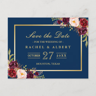 Burgundy Marsala Floral Gold Wedding Save the Date Announcement Postcard