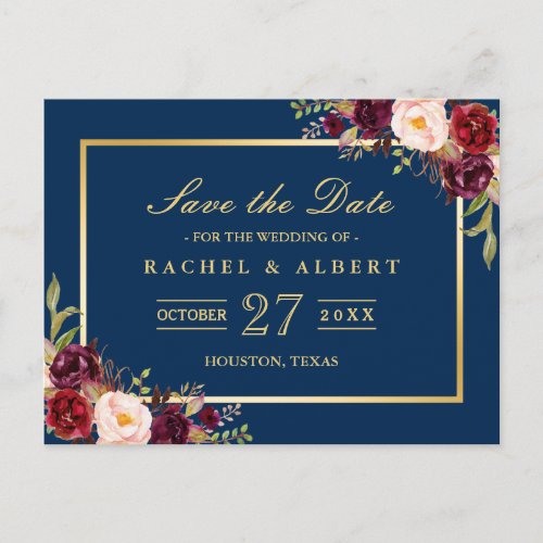 Burgundy Marsala Floral Gold Wedding Save the Date Announcement Postcard