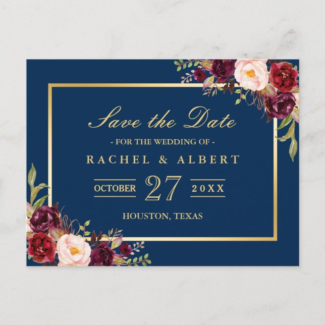 Burgundy Marsala Floral Gold Wedding Save the Date Postcard (Front)