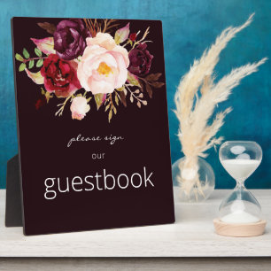 Burgundy Marsala Floral Guestbook Sign Dark Red Plaque