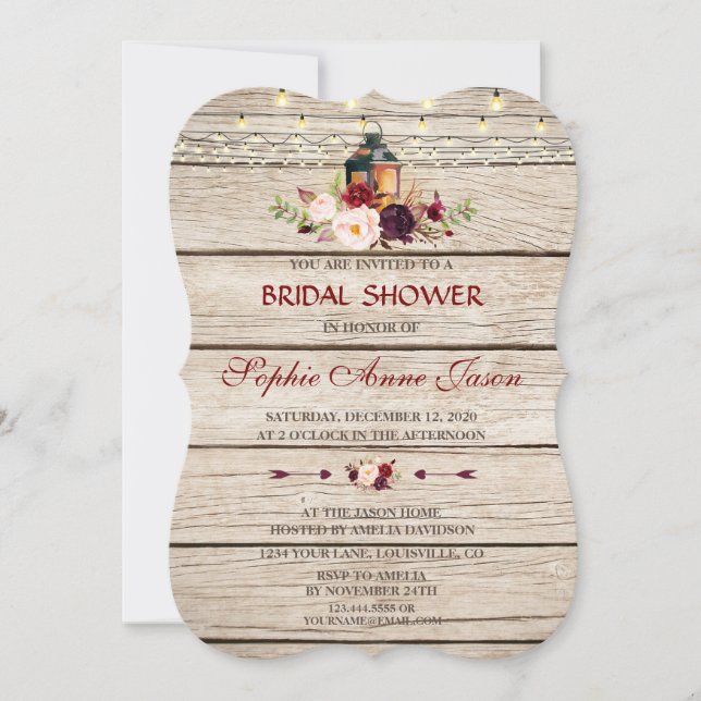 Burgundy Marsala Floral Lantern Bridal Shower Invitation (Front)
