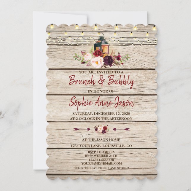 Burgundy Marsala Floral Lantern Brunch & Bubbly Invitation (Front)
