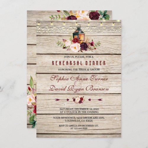 Burgundy Marsala Floral Lantern Rehearsal Dinner Invitation