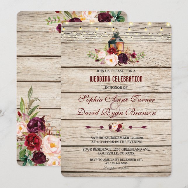 Burgundy Marsala Floral Lantern Wedding Invite (Front/Back)