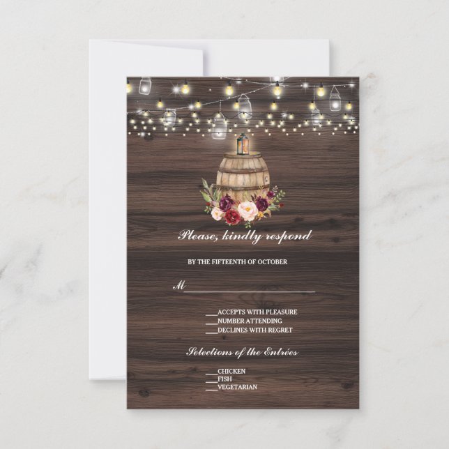 Burgundy Marsala Floral Lantern Wedding RSVP Card (Front)