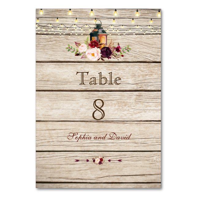 Burgundy Marsala Floral Lantern Wood Table Number (Front)