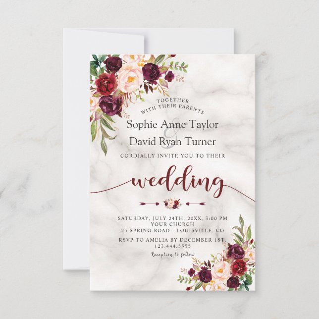 Burgundy Marsala Floral Marble Handwriting Wedding Invitation (Front)