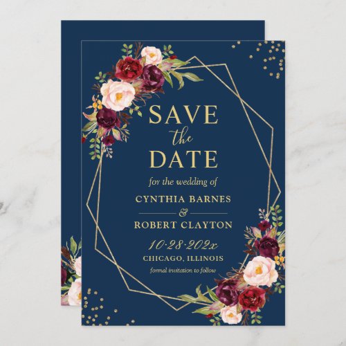 Burgundy Marsala Floral Navy Blue Gold Geometric Save The Date